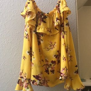 Divided yellow floral top off the shoulder